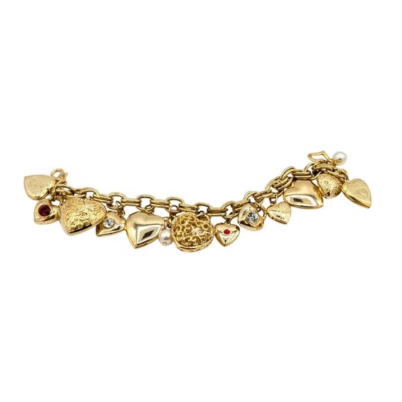 Gold Tone Double Oval Link Heart Lockets Charm Bracelet - Picture 1 of 11